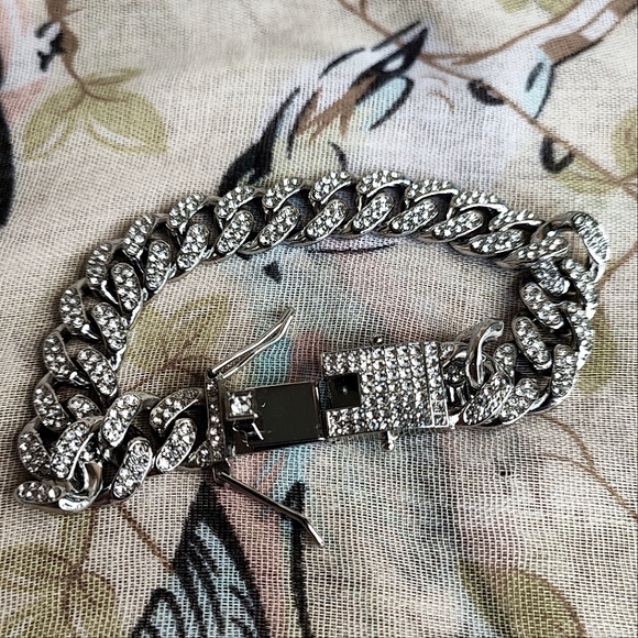 Cuban Chunky Heavy Link Chain Silver Tone Rhinestone Encrusted Bracelet UNISEX - Picture 2 of 14